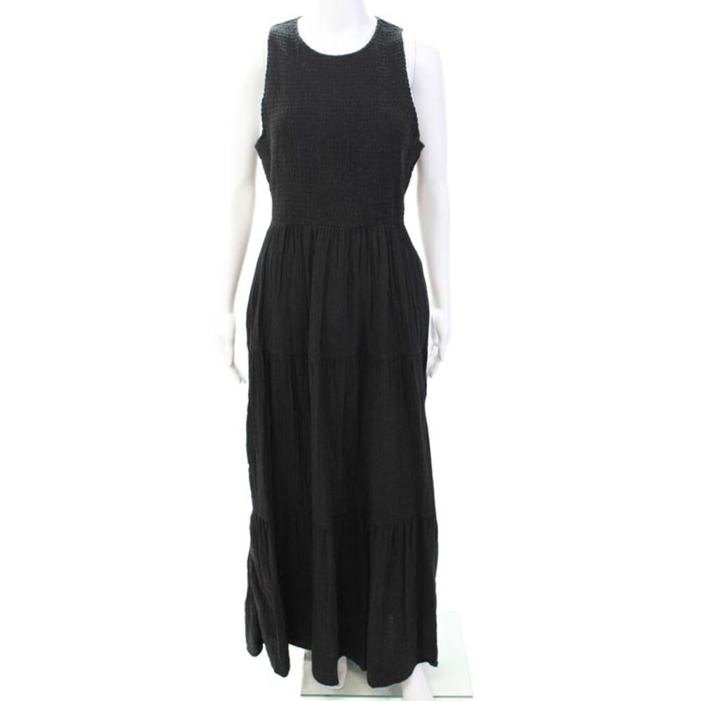 Me + Em Womens Back Zip Crew Neck Smocked Maxi Dress Black Cotton Size 10